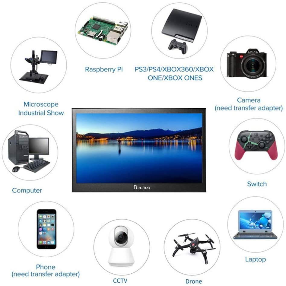 Portable Monitor 13.3 inch,Prechen Computer Display1920x1080 USB Gaming Monitor with Dual HDMI Interfaces External Secondary Display for PC Mac Laptop Phone PS3 PS4 Xbox Dual Speakers Leather Case