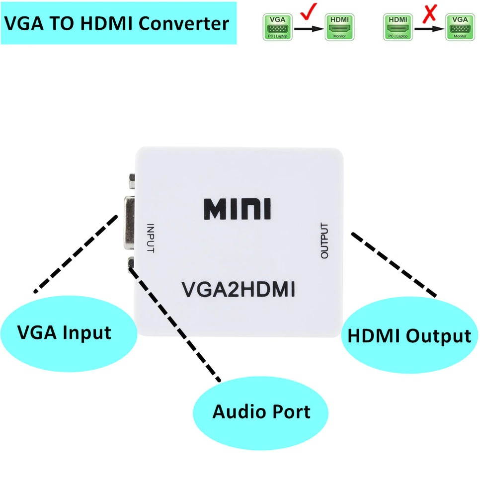 BGGQGG 1080P VGA 2 HDMI Audio Adapter Connector VGA2HDMI Mini VGA to HDMI Converter with Audio for PC Laptop to HDTV Projector