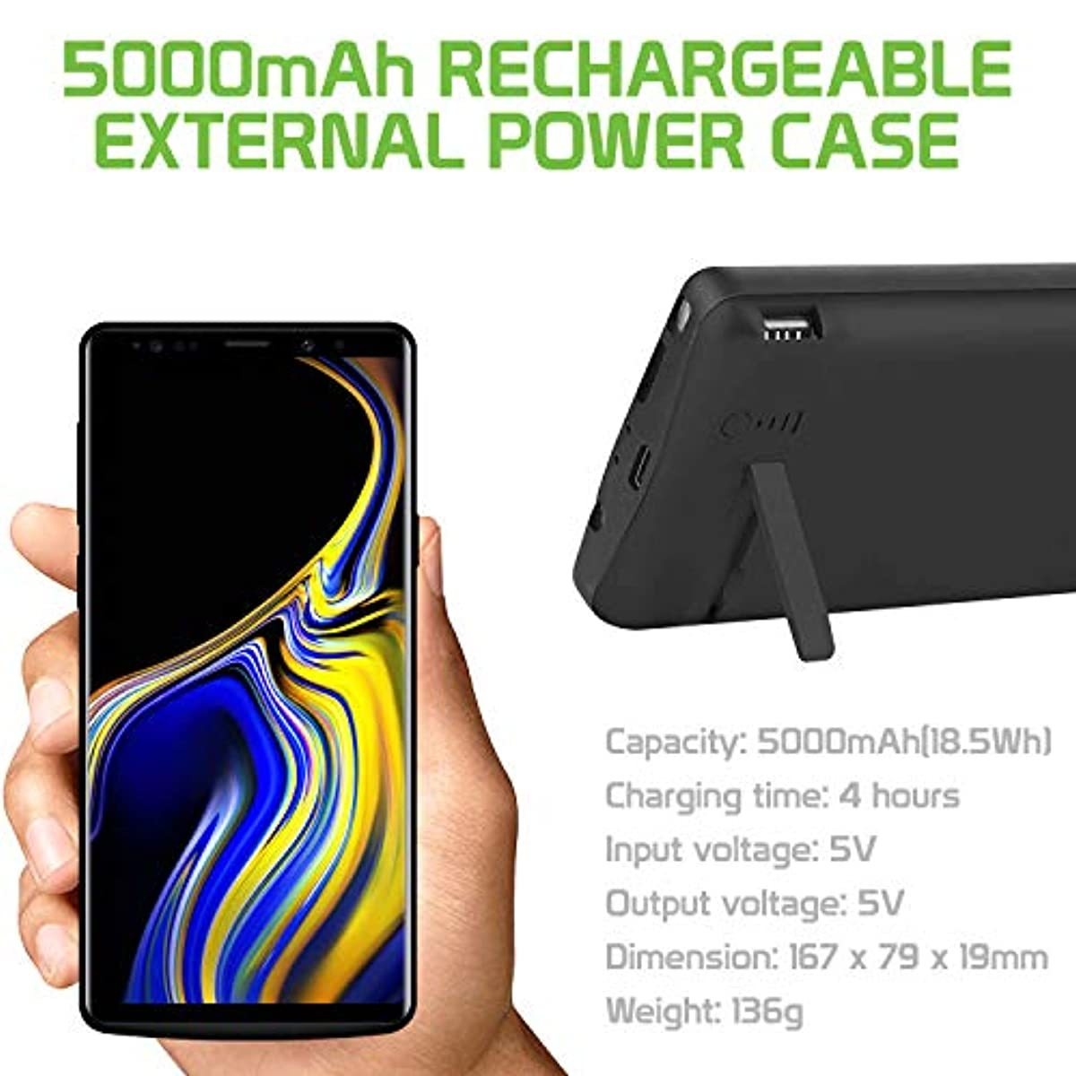 Cellet Battery Case, 5000 mAh Capacity, Rechargeable Battery Case with Kick Stand Compatible for Samsung Galaxy Note 9 - Black