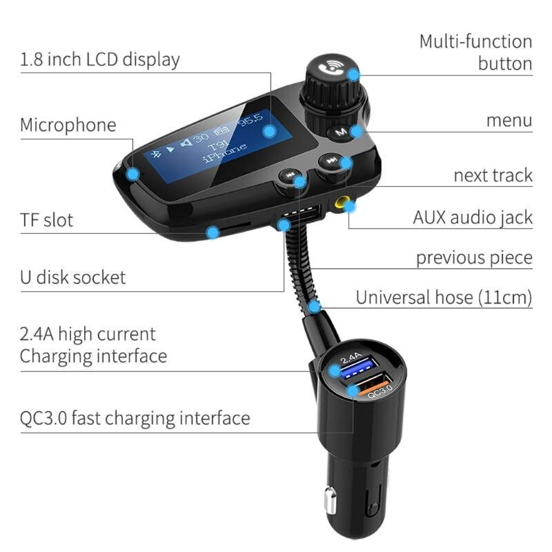 1 pcs Bluetooth FM Transmitter Hands Free Car Wireless Radio Adapter Kit QC3.0 Smart Dual USB Ports TF Card Mp3 Music Player A69B