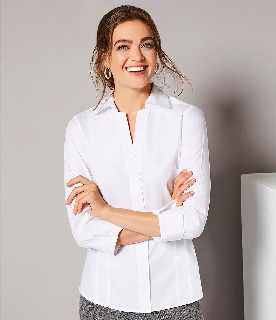 Investments Taylor Gold Label Non-Iron Point Collar Y-Neck 3/4 Sleeve Button Front Shirt