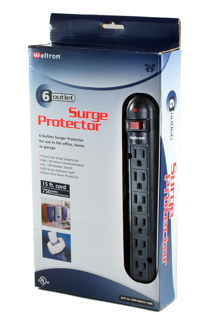 THIS 6 OUTLET PLASTIC POWER STRIP HAS 750 JOULES, EMI/RFI FILTER AND A 25FT POWE