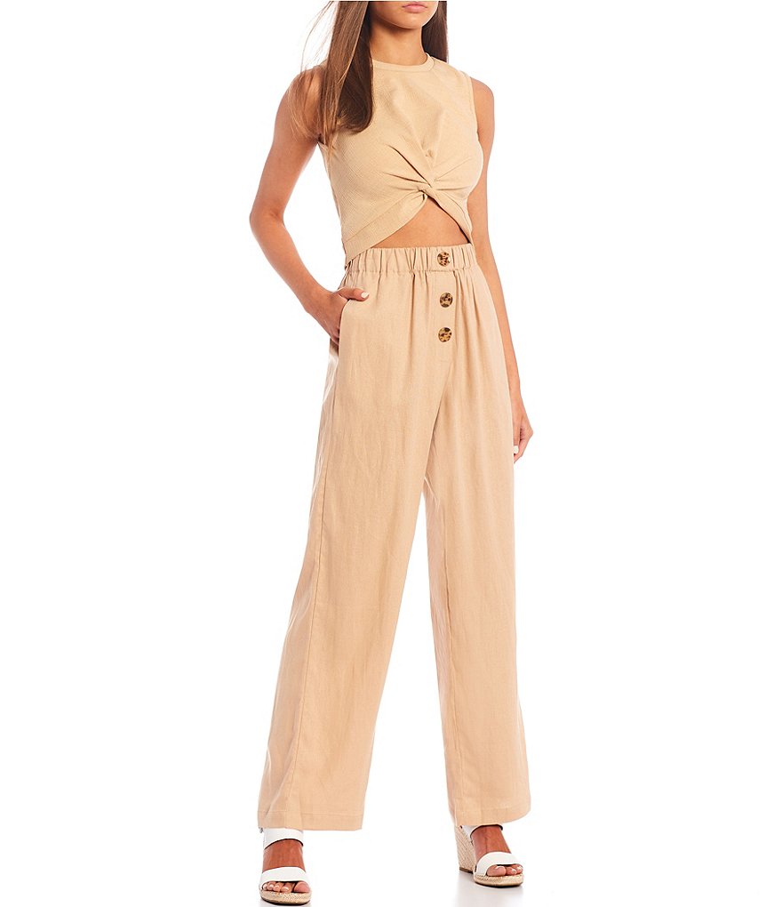 June & Hudson Button Front Wide Leg Linen Pants