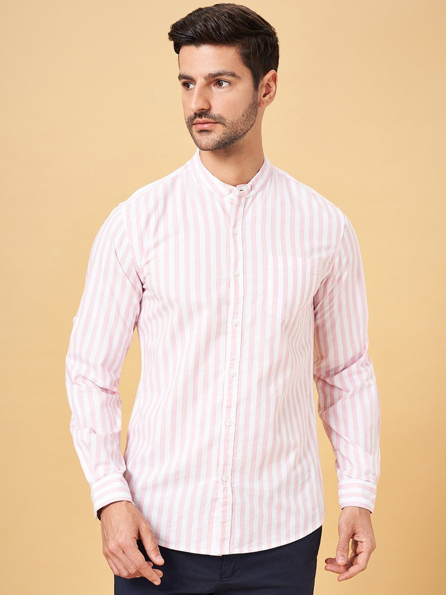 Byford by Pantaloons Primrose Pink Cotton Slim Fit Striped Shirt