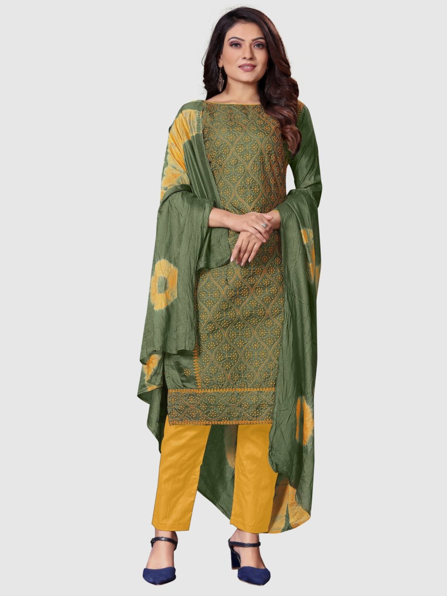 APNISHA Green & Yellow Embroidered Unstitched Dress Material