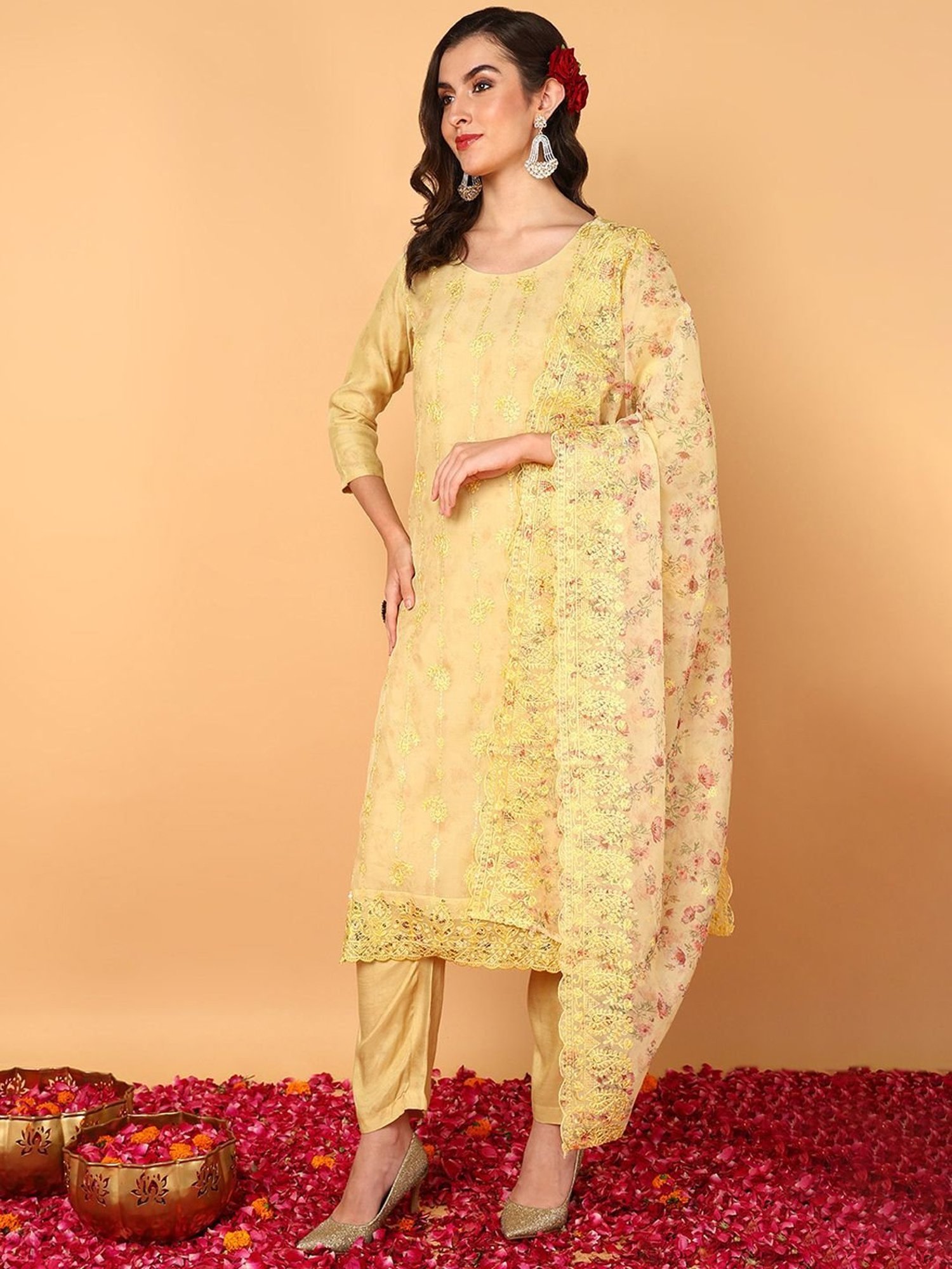 Vaamsi Yellow Embroidered Kurta Pant Set With Dupatta