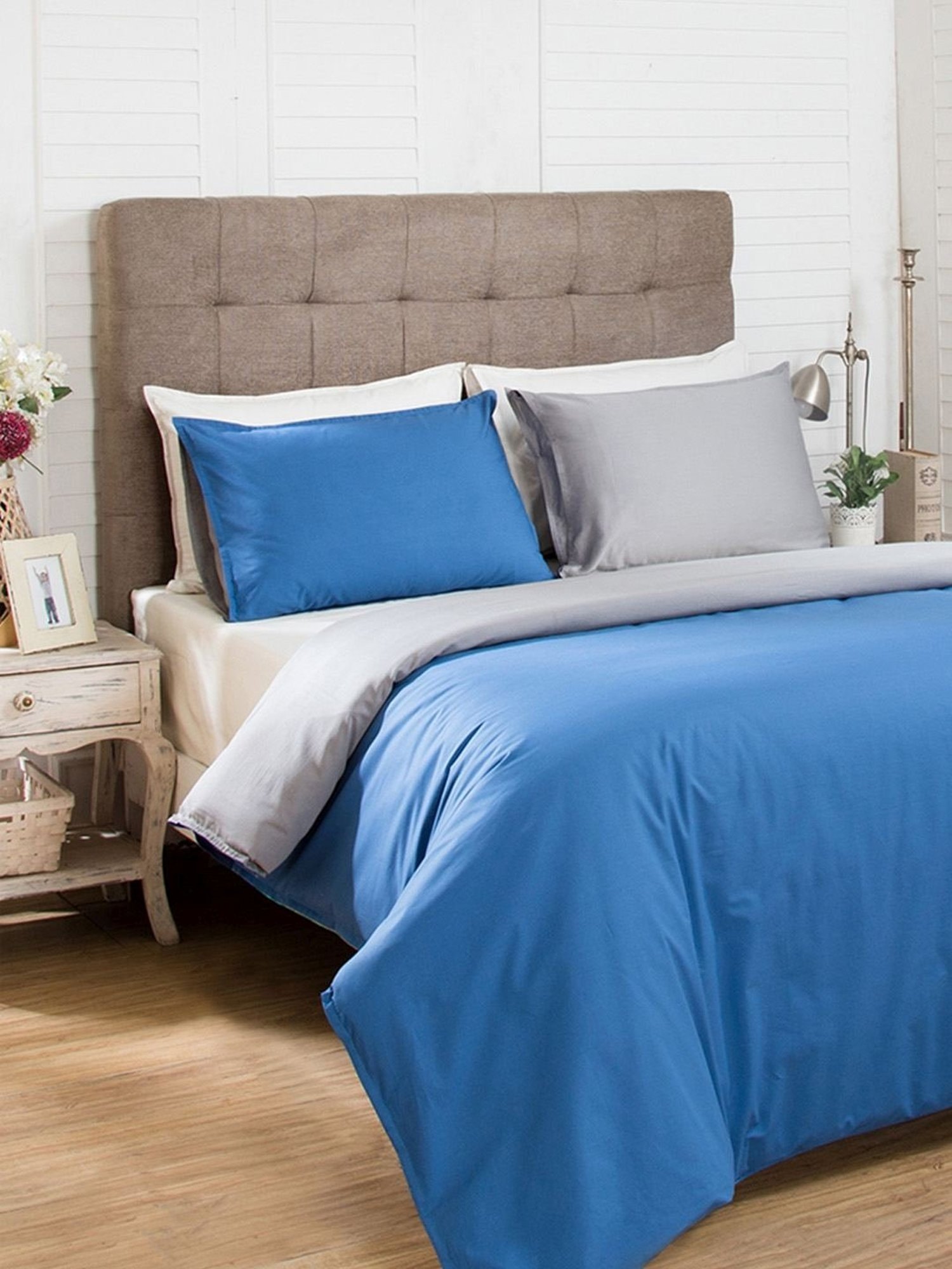 Maspar Blue Cotton 200 TC Reversible Duvet Cover Set