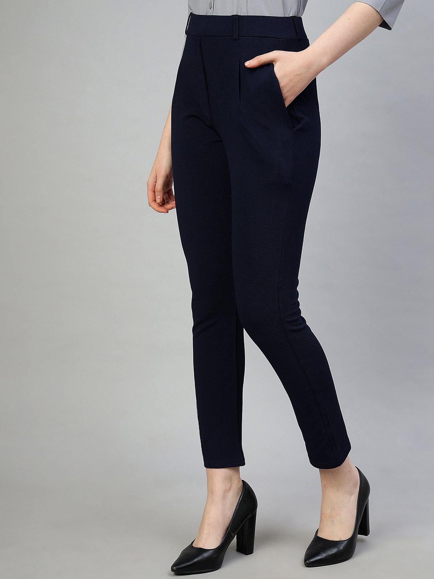 FITHUB Navy Slim Fit High Rise Trousers