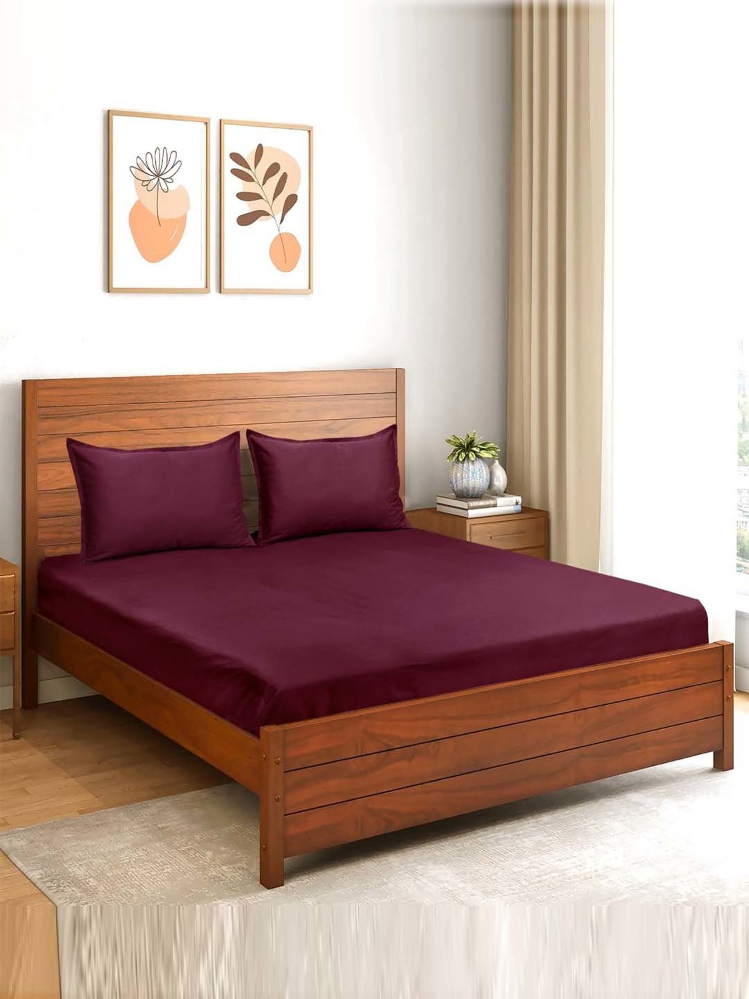 Saral Home Sheen Shine Maroon 300 TC Cotton Queen Bedsheet with 2 Pillow Covers