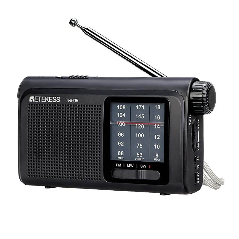TR605 AM FM Radio Portable Transistor Radio Battery Operated Portable Shortwave Radio with LED Flashlight Earphone Jack for Bedroom Black