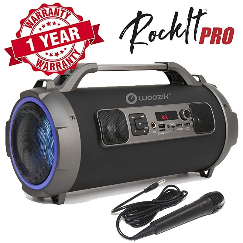 Rockit Pro Wireless Speaker, Indoor Outdoor Wireless Boombox with FM Radio, and Micro SD Card, USB, MIC, and Aux 3.5mm Support, Microphone for Karaoke Machine, Party, LED Lights and Subwoofer