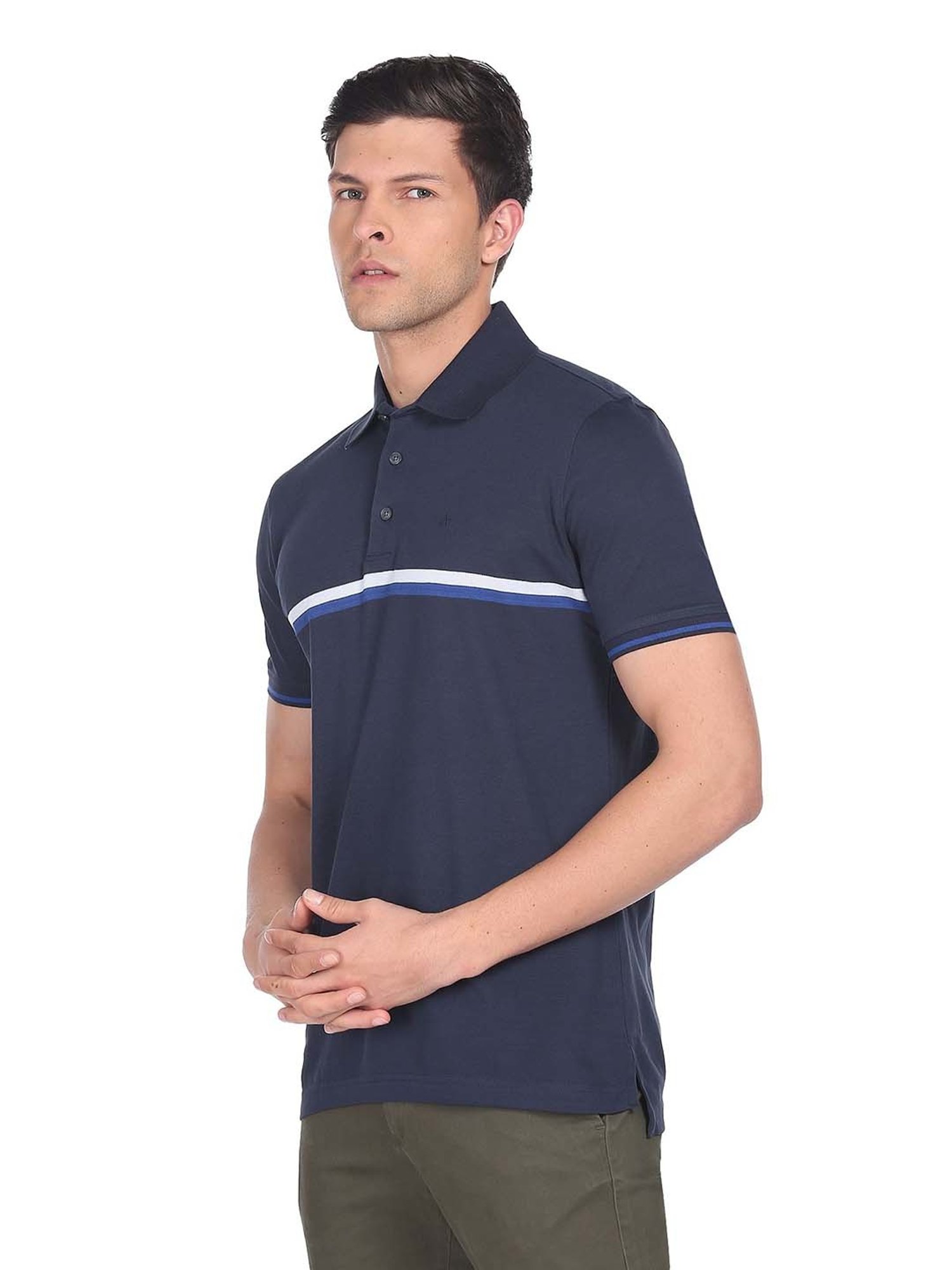 Arrow Navy Regular Fit Striped Cotton Polo T-Shirt