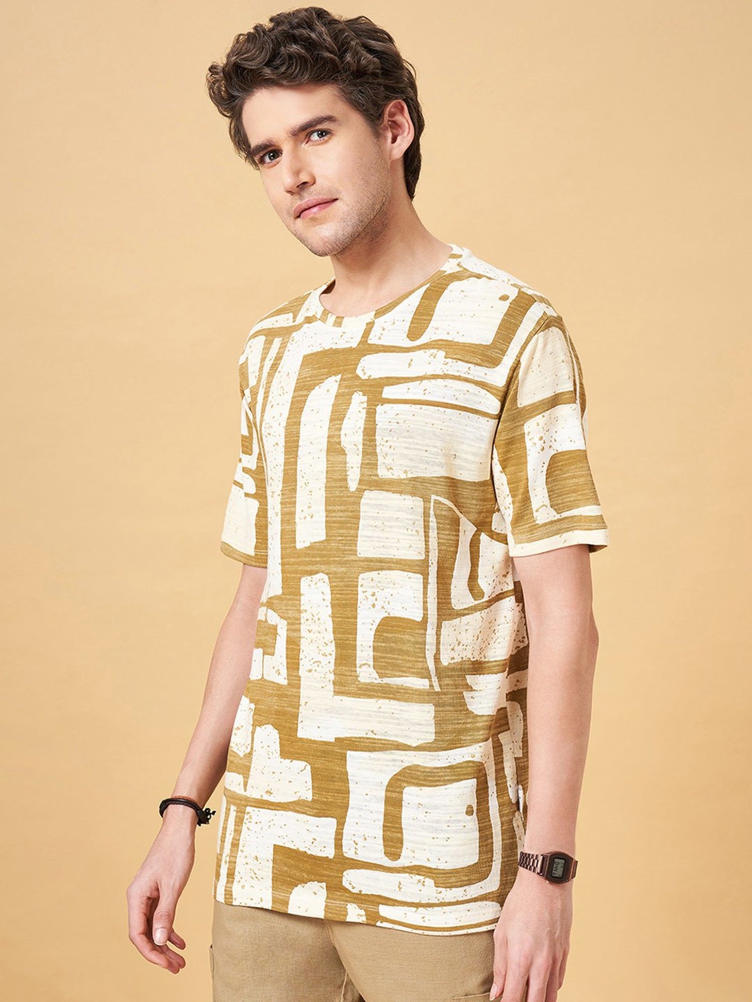 7 Alt by Pantaloons Mustard Relaxed Fit Printed Crew T-Shirt