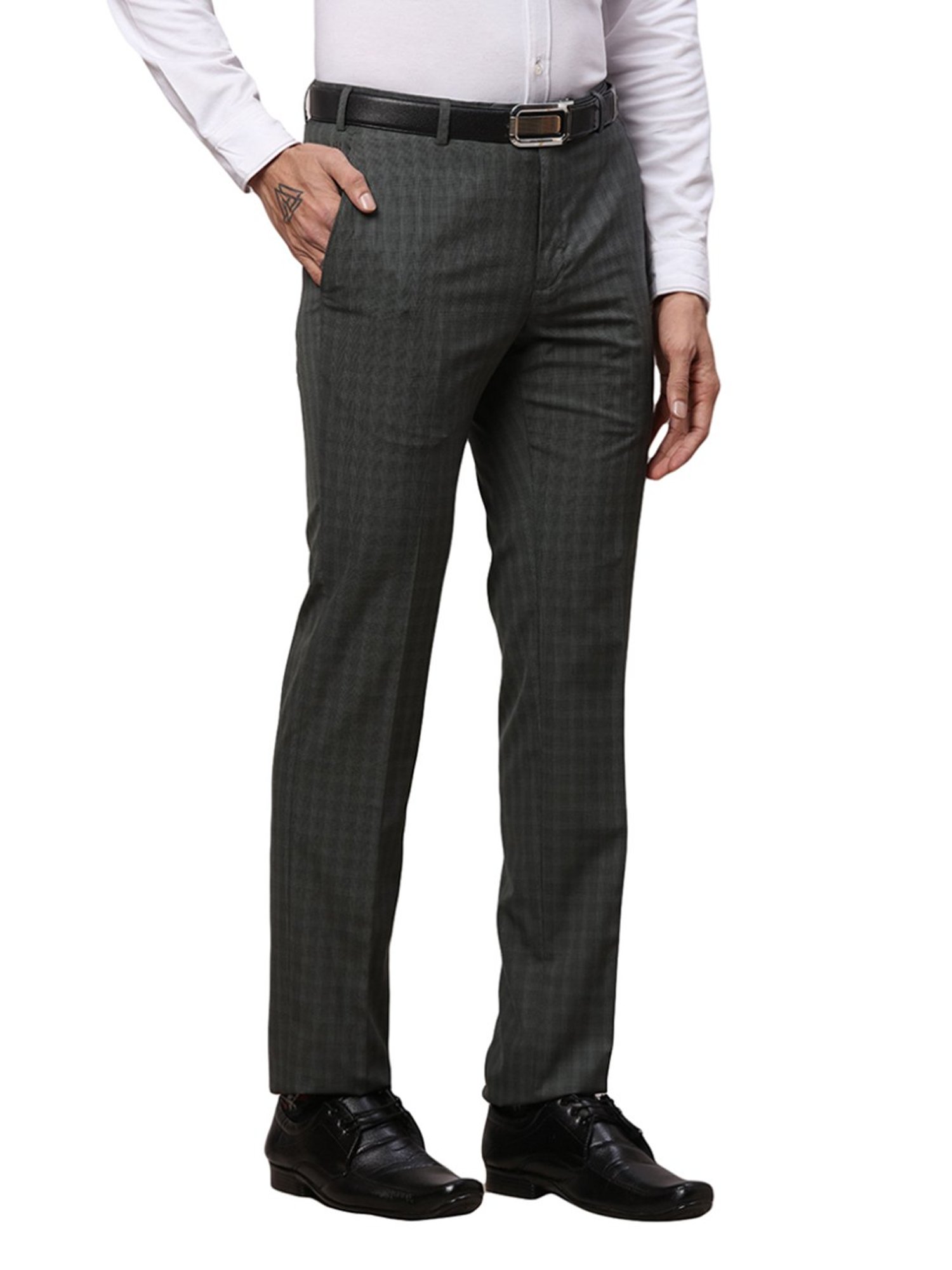 Raymond Grey Slim Fit Checks Trousers