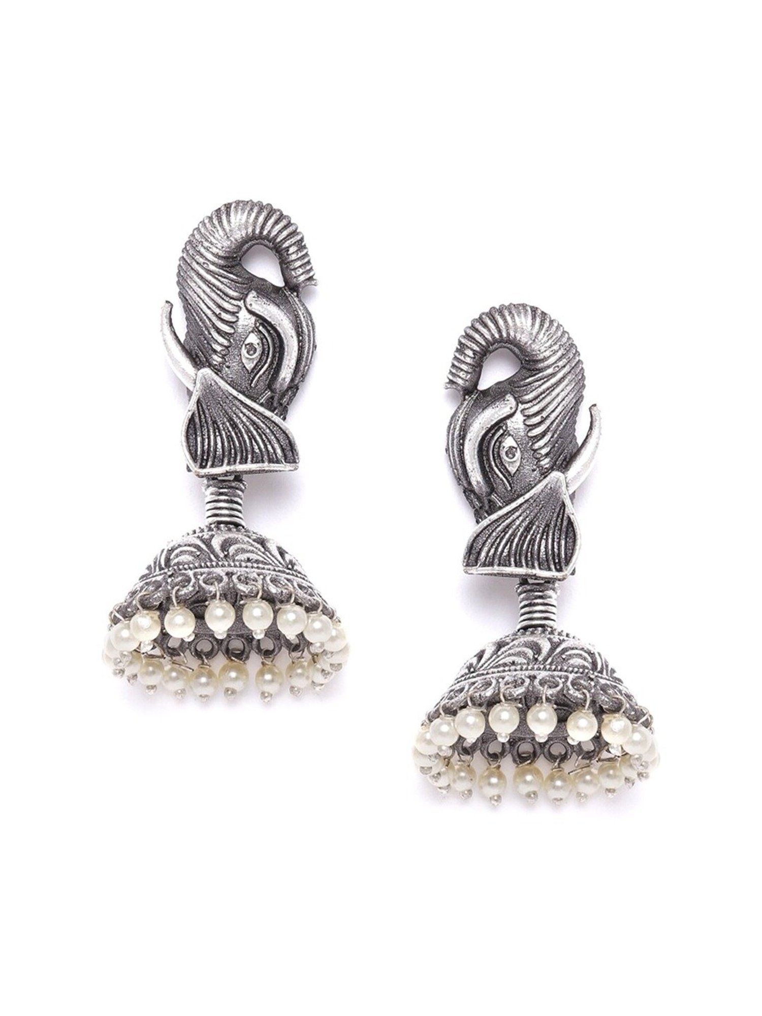 Priyaasi Oxidized Silver-Plated with Bead Jhumki Earrings