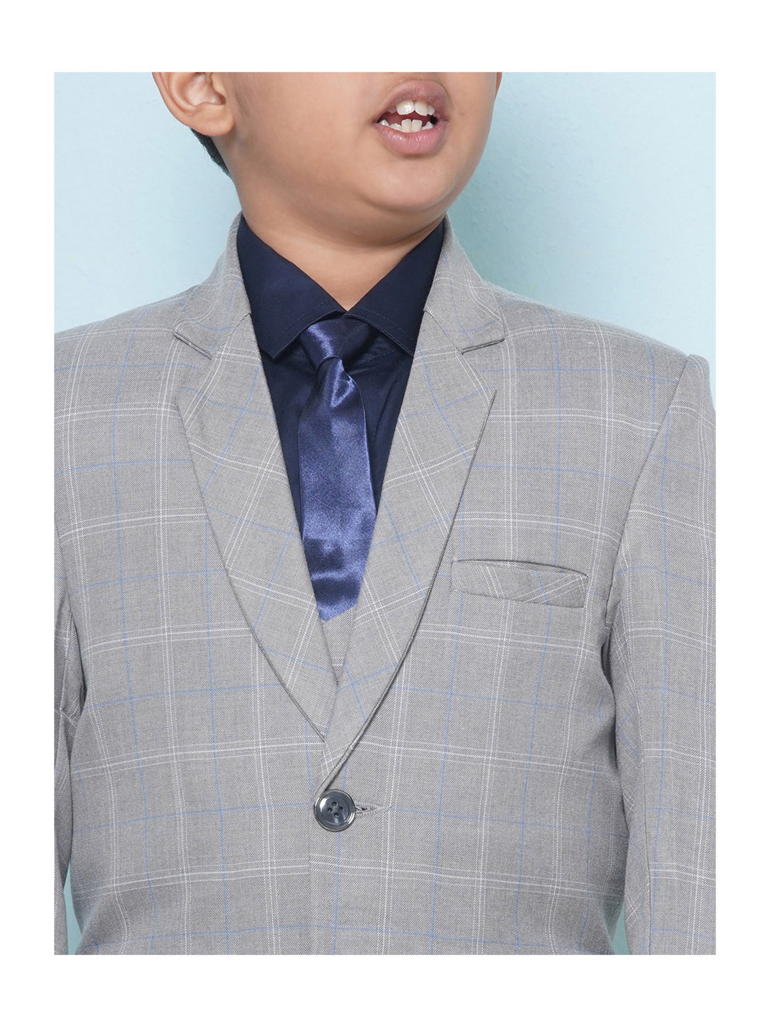 AJ Dezines Kids Grey & Navy Checks Full Sleeves Shirt, Pants, Coat, Waistcoat with Tie
