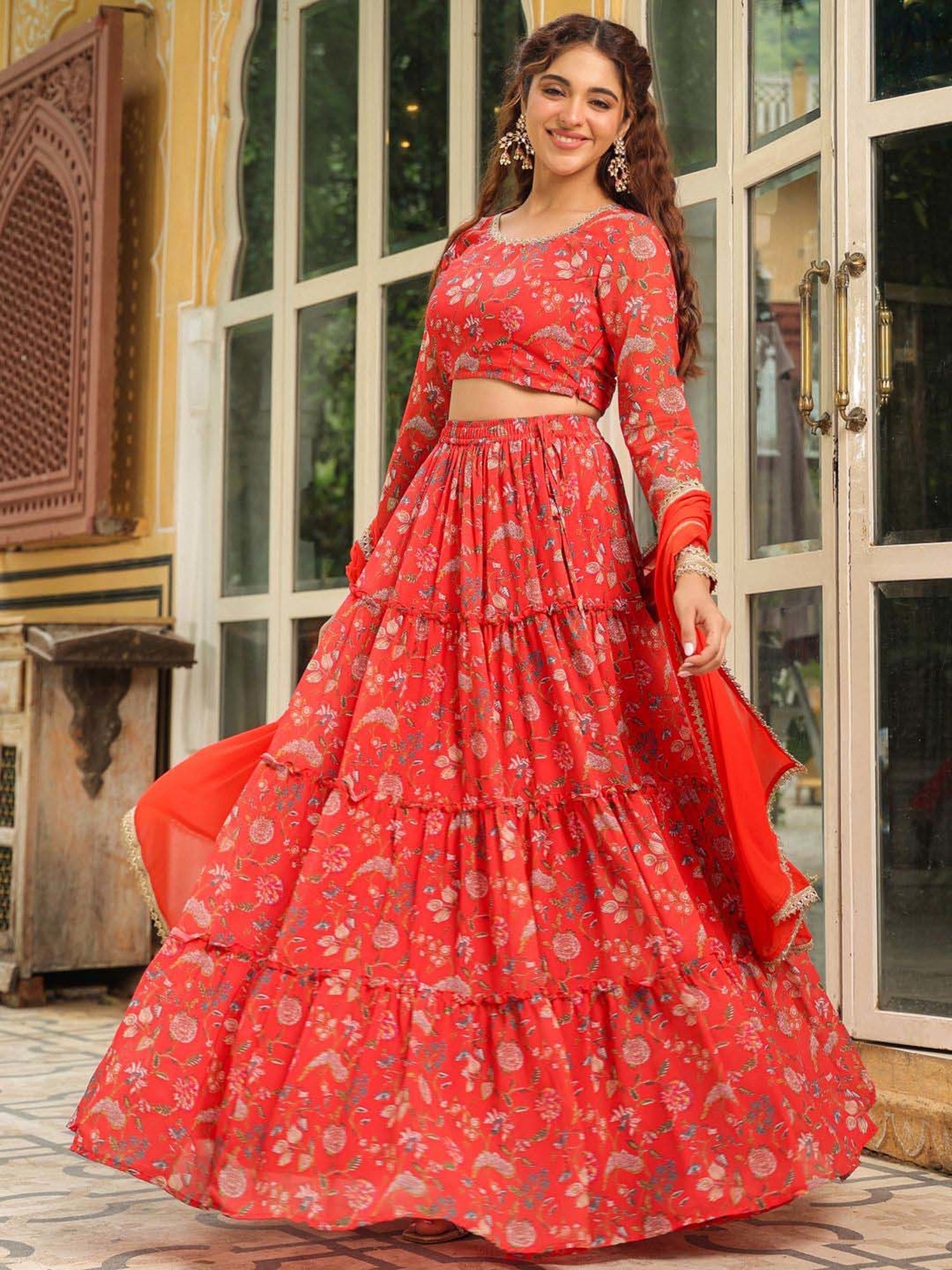 Janasya Red Printed Lehenga Choli Set With Dupatta