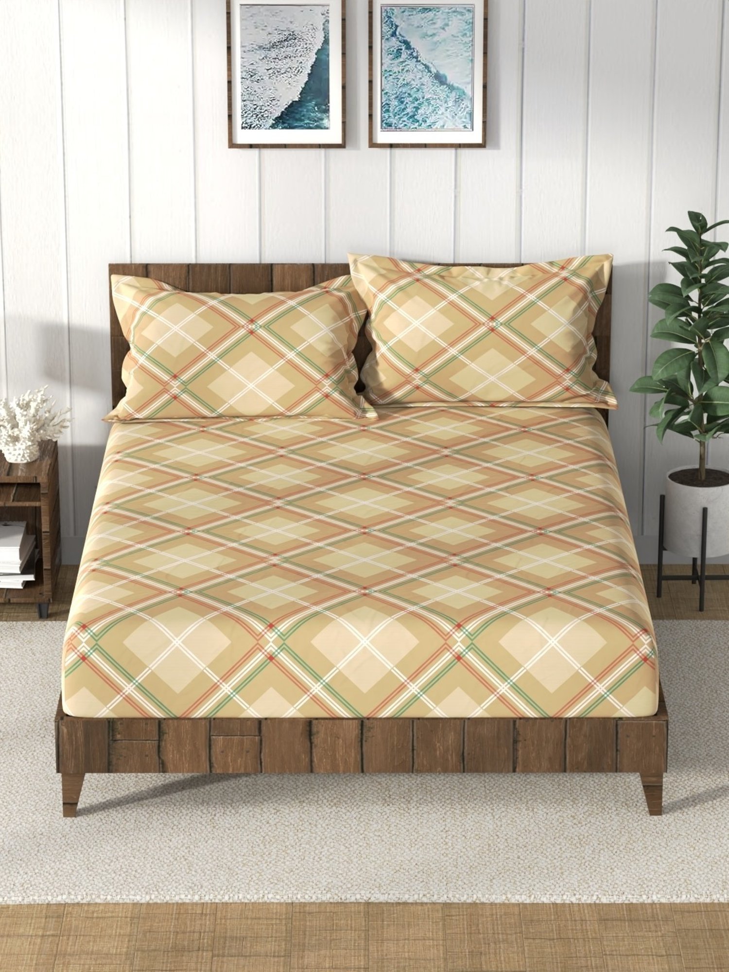 Nautica Bristol Checks Multicolor 150 TC King Bedsheet with 2 Pillow Covers