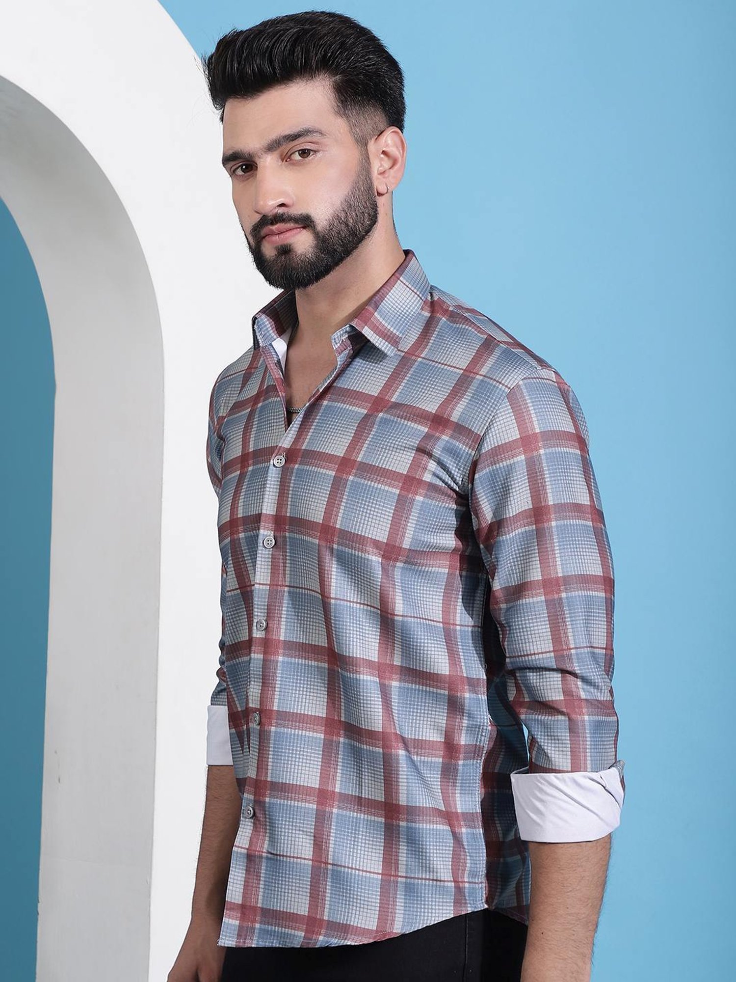 Indian Needle Grey Regular Fit Checks Shirt