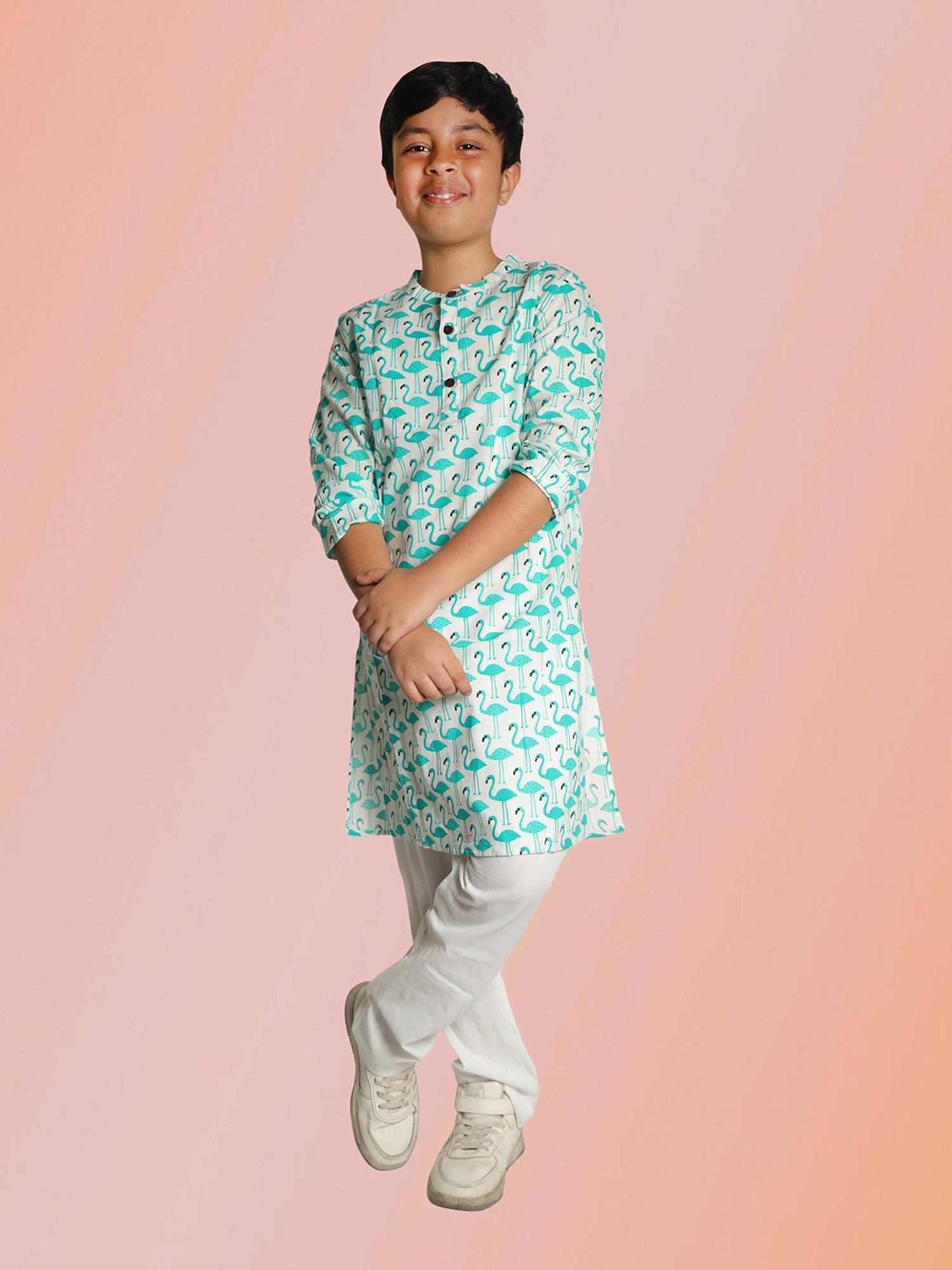 Tippy Top Kids Turquoise & White Printed Full Sleeves Kurta with Pyjamas