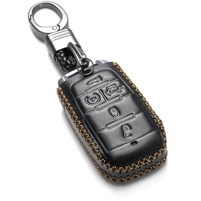 Genuine Leather Keyless Entry Remote Control Smart Key Case Cover with Leather Key Chain for 20192020 RAM 1500 5Button with Tailgate Black