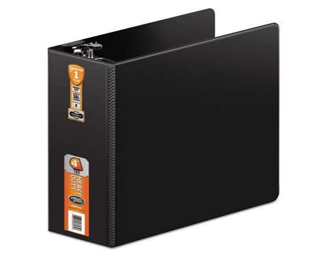Heavy-Duty No-Gap D-Ring Binder With Label Holder, 4"" Capacity, Black, Sold as 1 Each