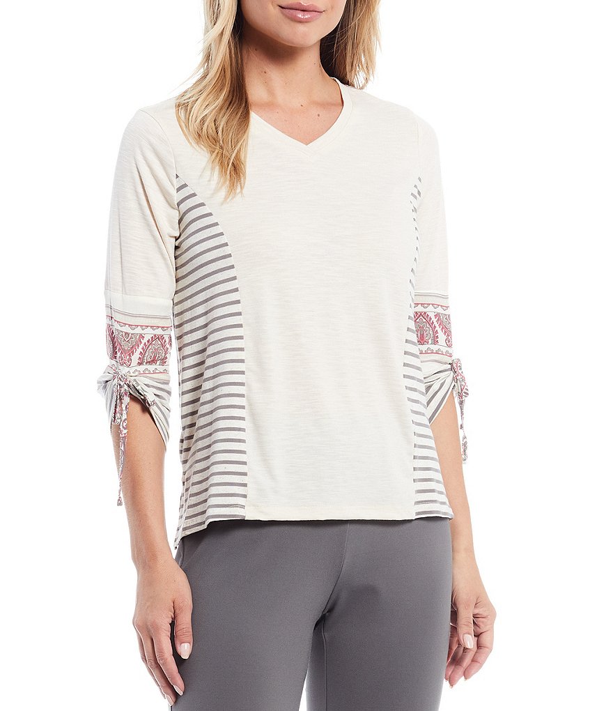 Multiples Petite Size Paisley & Yarn Dye Stripe Print Slub Knit V-Neck Tie Sleeve Detail 3/4 Sleeve Top
