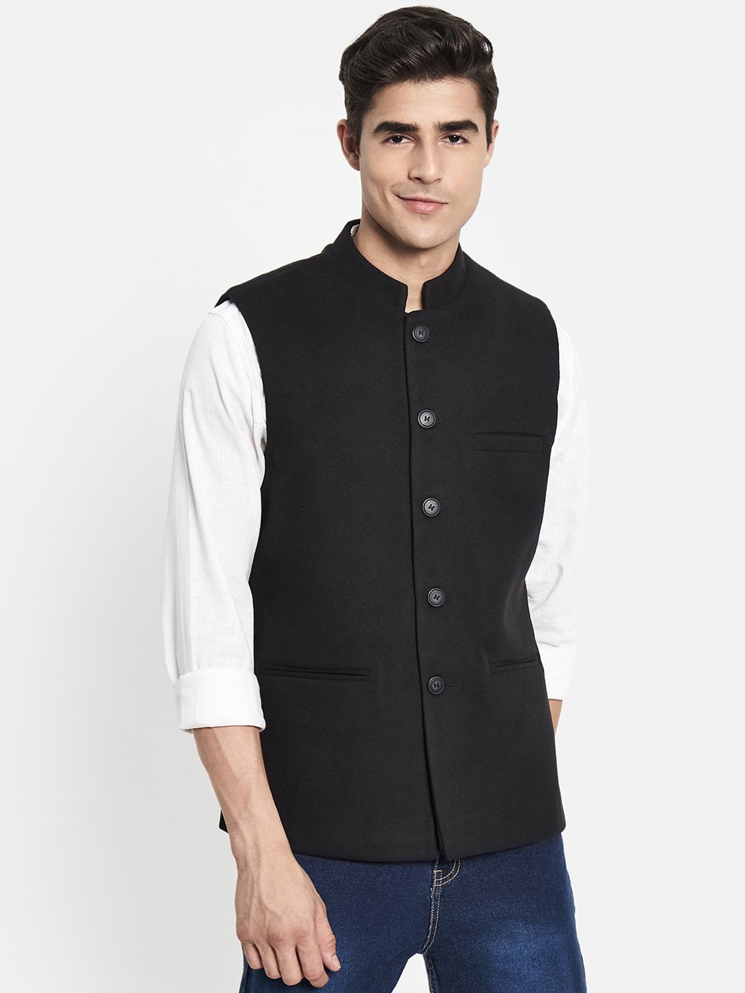 METTLE Black Mandarin Collar Nehru Jacket