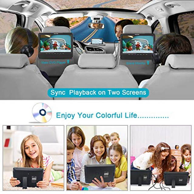 WONNIE 10'' Dual Car DVD Player Portable Headrest CD Players for Kids with 2 Mounting Brackets Built-in 5 Hours Rechargeable Battery Great for Family Travel ( 1 Player+1 Monitor )