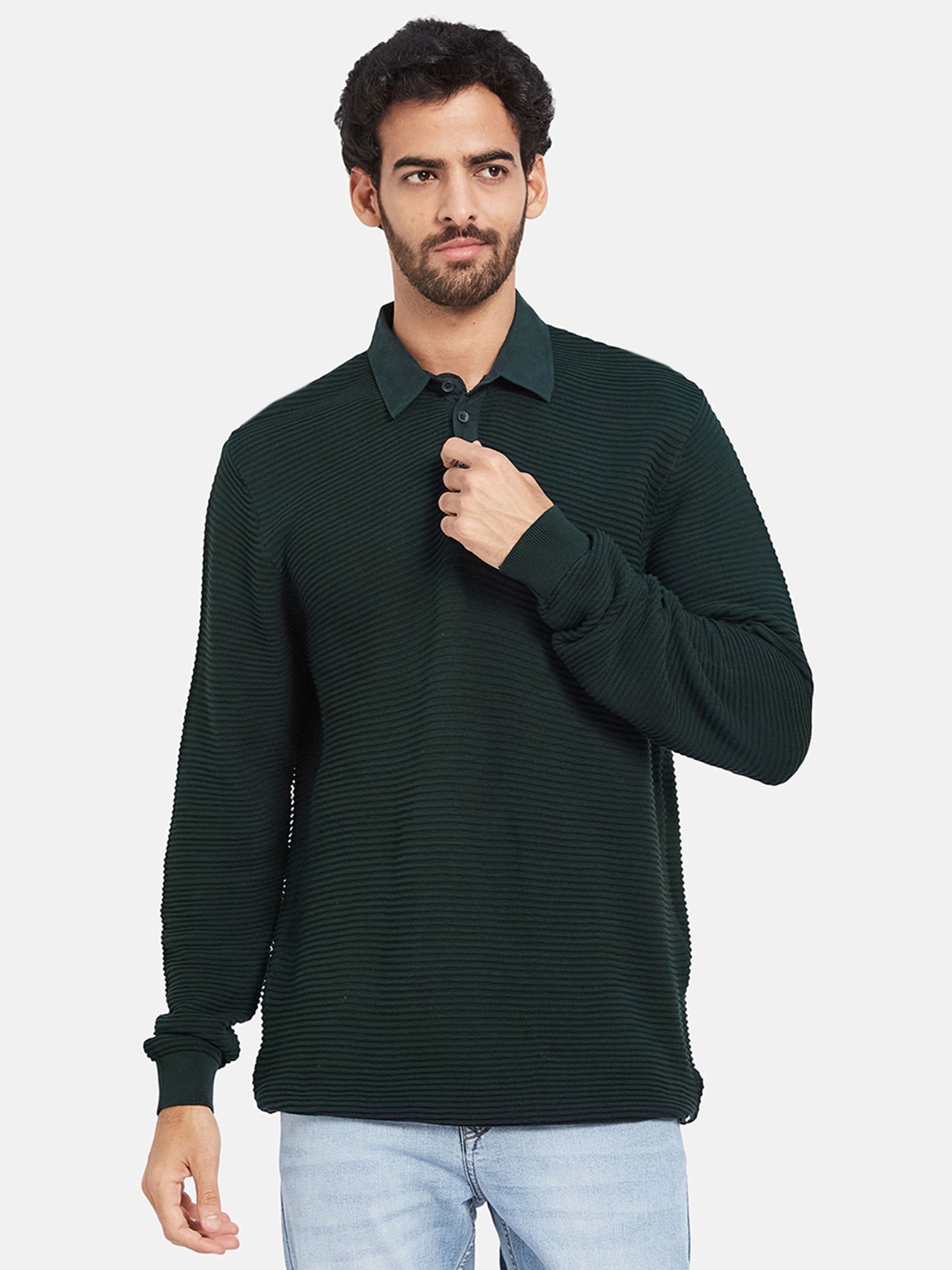 METTLE Mountain Green Regular Fit Self Design Polo Neck Sweater