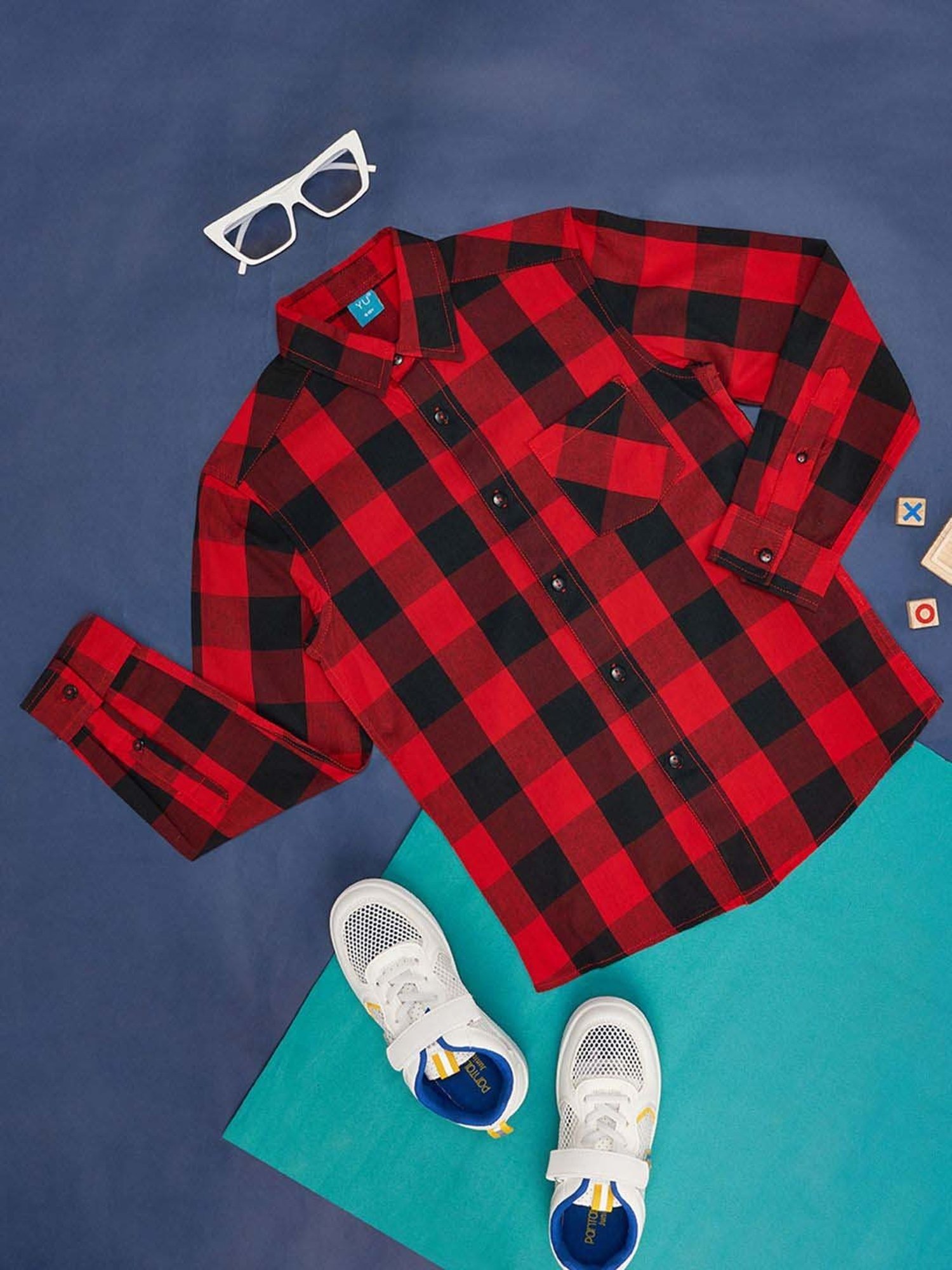 YU by Pantaloons Kids Red & Black Cotton Chequered Full Sleeves Shirt
