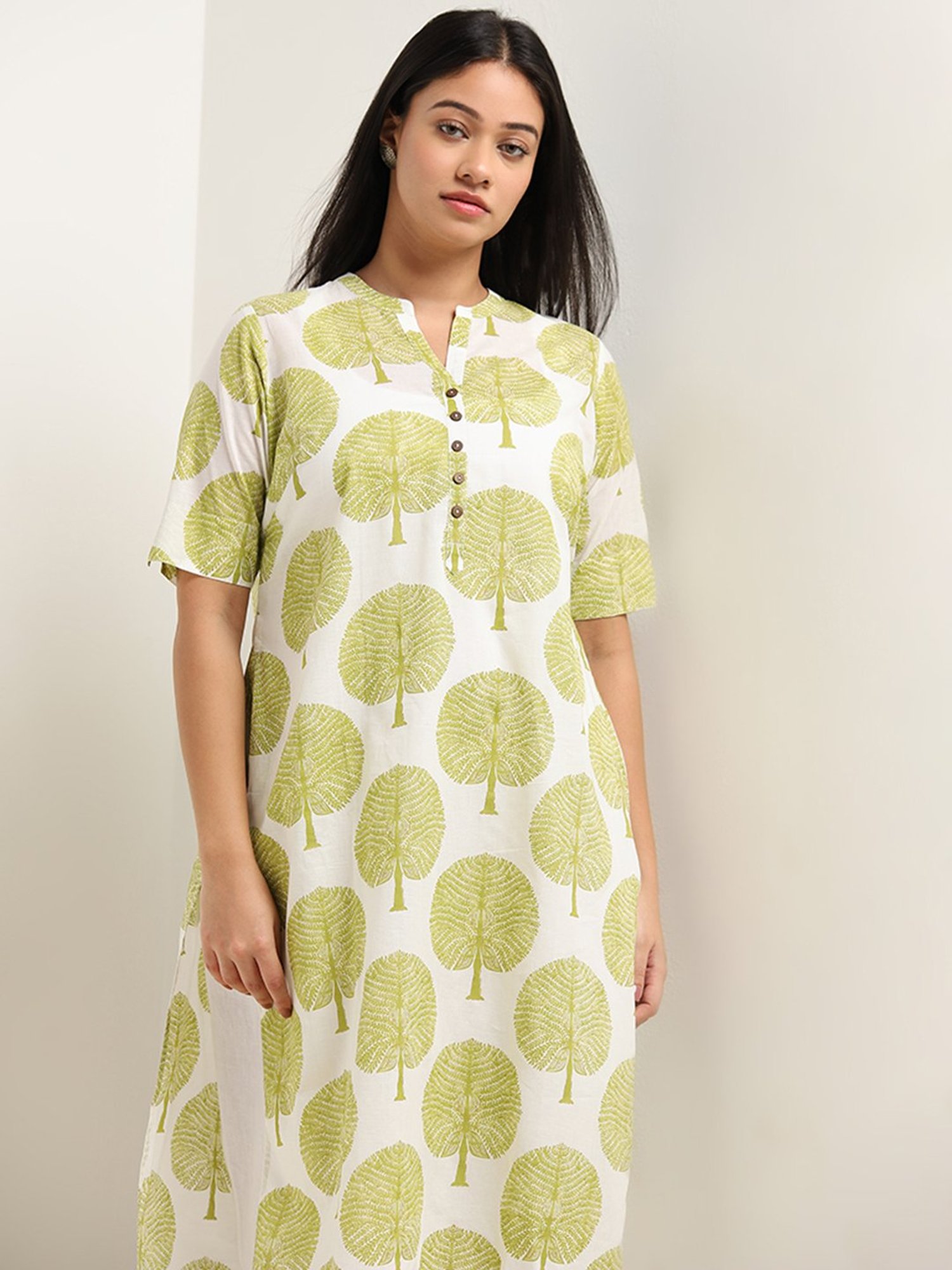 Diza by Westside Lime Foliage Printed Straight Cotton Kurta