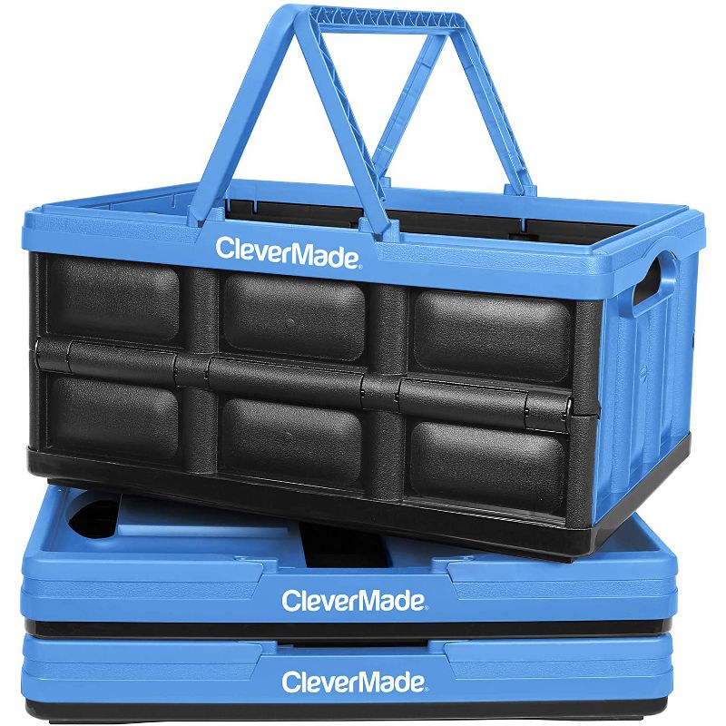 CleverMade CleverCrate Durable Plastic Stackable 32L Collapsible Shopping Basket, Neptune Blue (3-Pack)