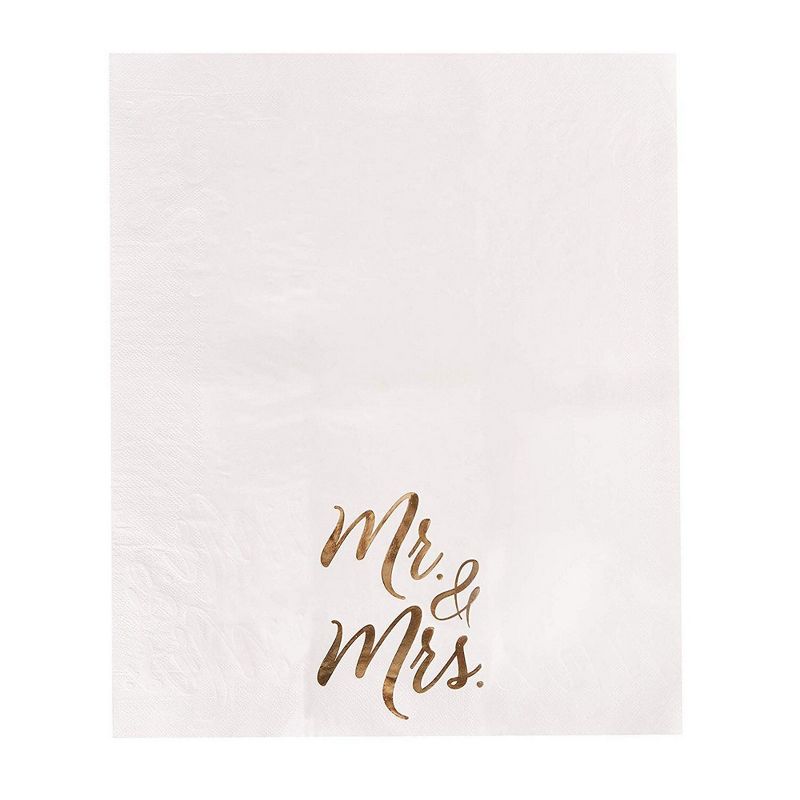 Juvale 50-Pack Mr and Mrs Gold Foil White Disposable Paper Napkins 4x8", Wedding Anniversary Party Supplies
