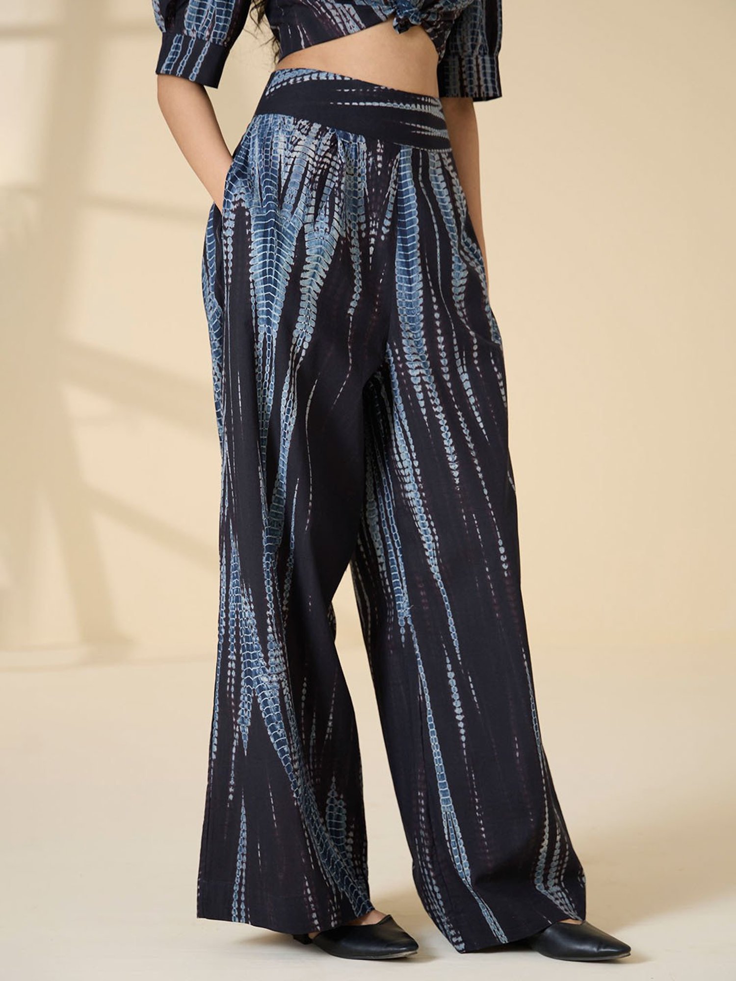 Okhai Black Cotton Printed Relaxed Fit High Rise Pants