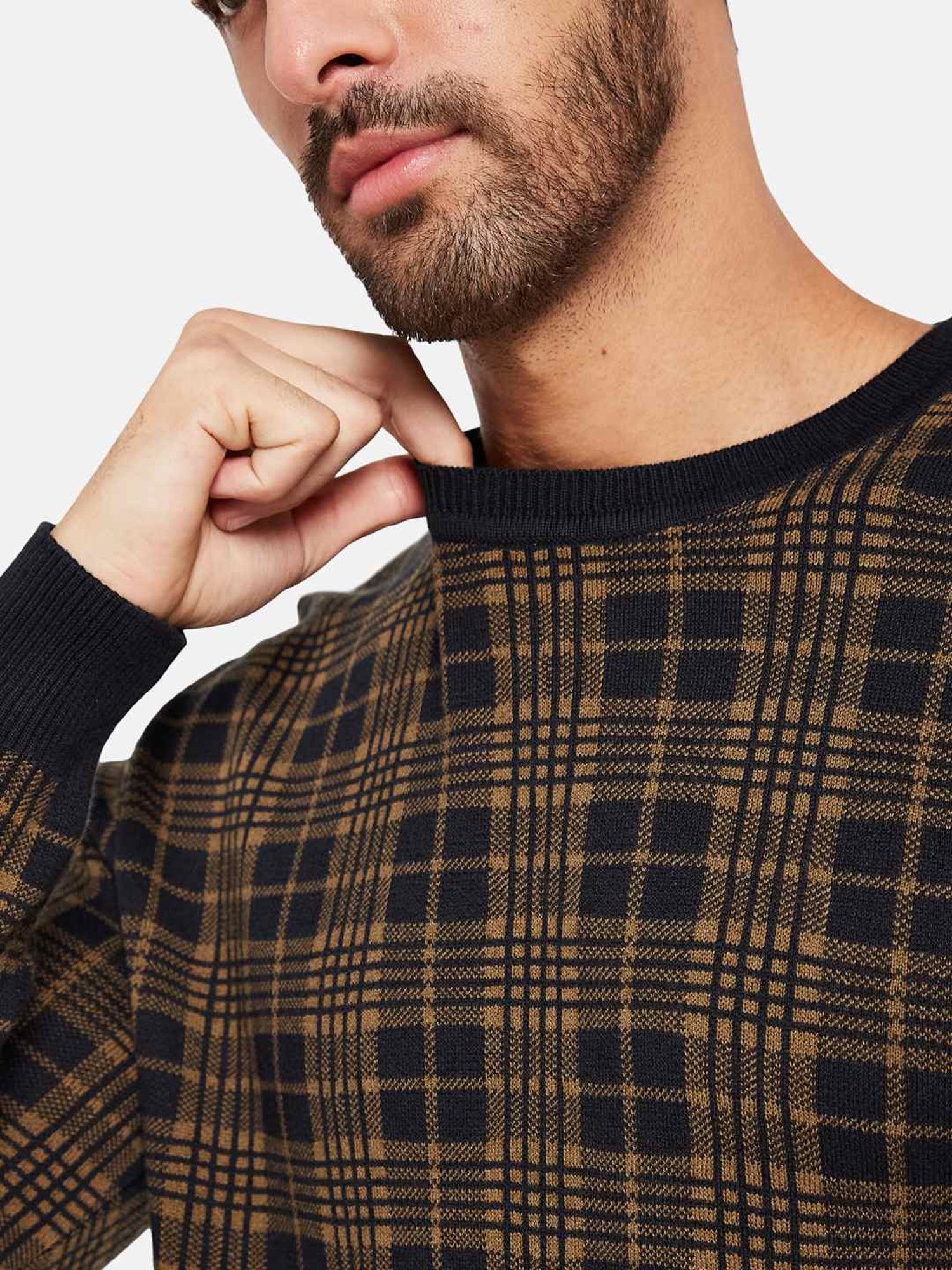 METTLE Brown Cotton Regular Fit Checks Sweater