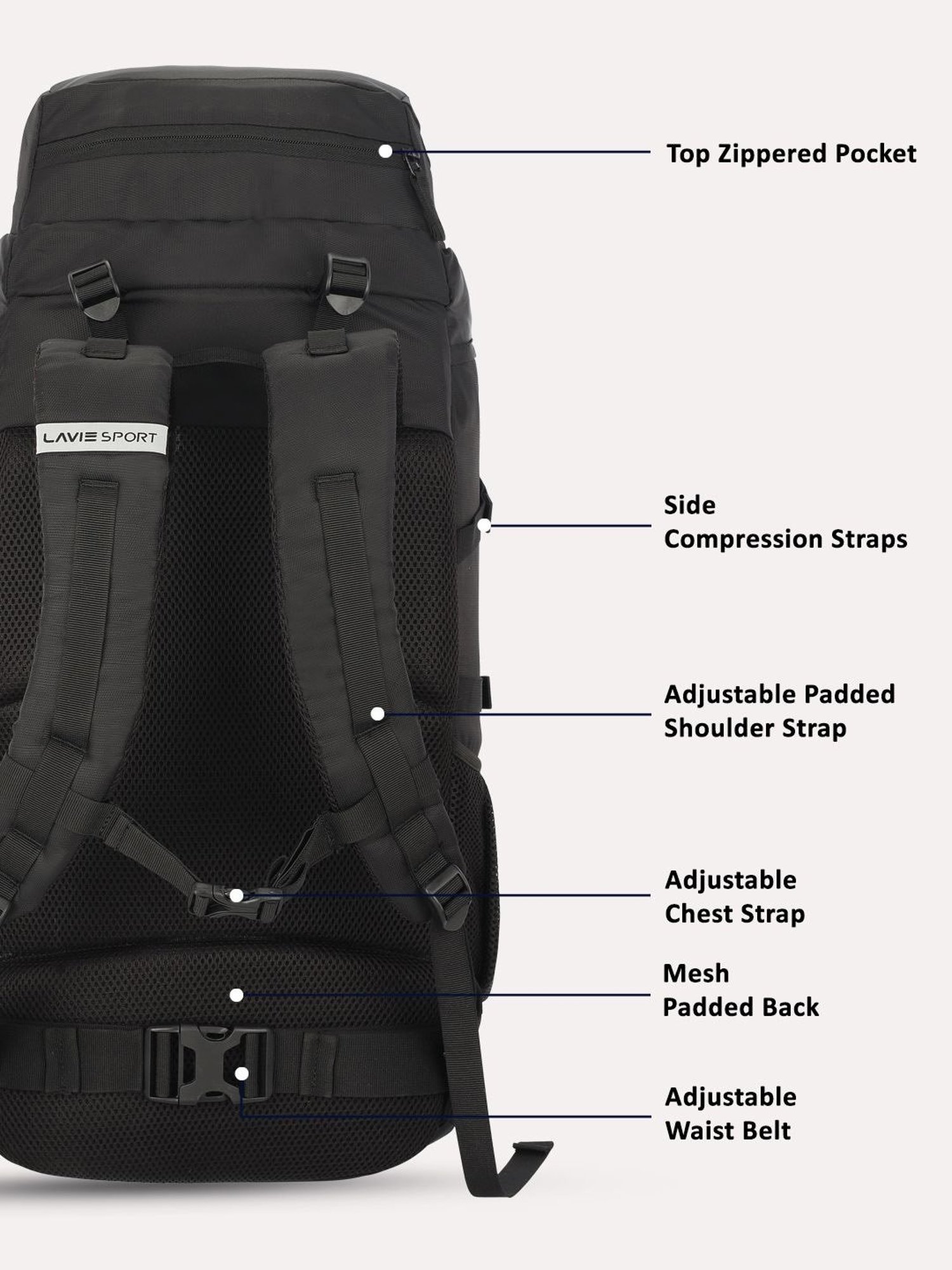 Lavie Sport Black Polyester Solid Rucksack - 45 Ltrs