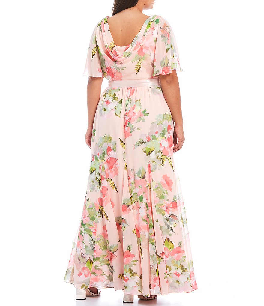 Adrianna Papell Plus Size Flutter Short Sleeve Cowl Neck Back Floral Chiffon Gown