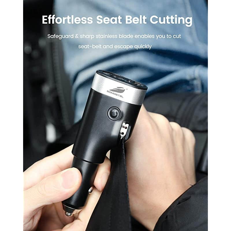Car Charger Fast Charge Adapter  Auto Seat Belt Cutter Window Breaker Power Bank Crash Safe Emergency Escape Tool Red Beacon Flashlight Compatible with Samsung Galaxy S9 S8 LG G7 V20 Stylo 4