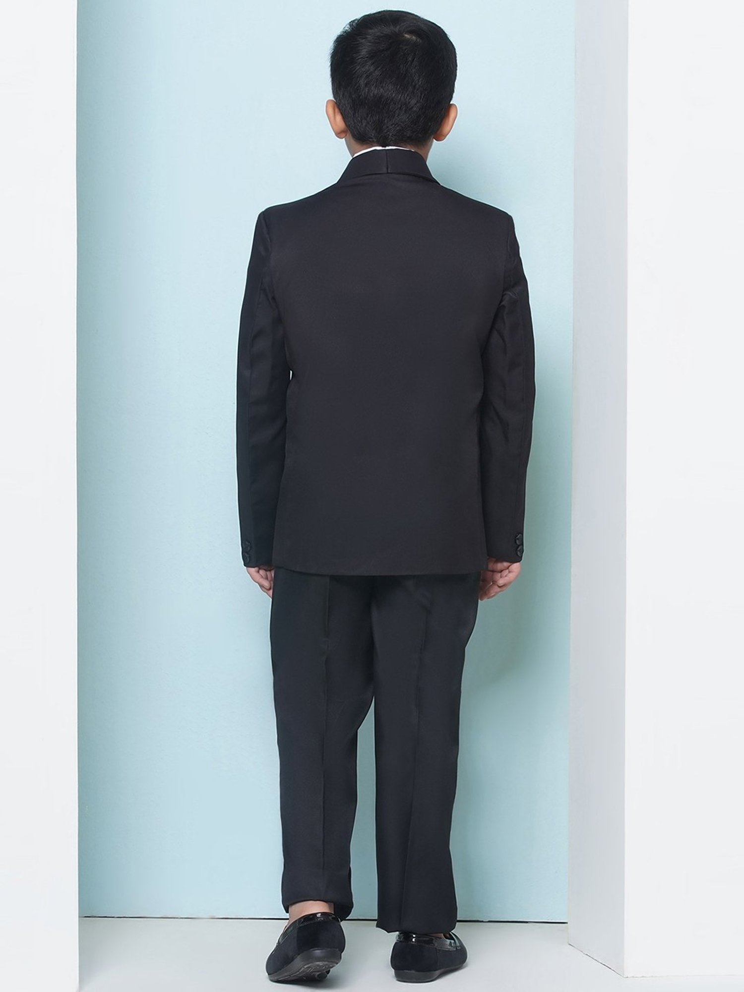 AJ Dezines Kids Sky Blue & Black Solid Full Sleeves Shirt, Pants, Coat, Waistcoat with Tie