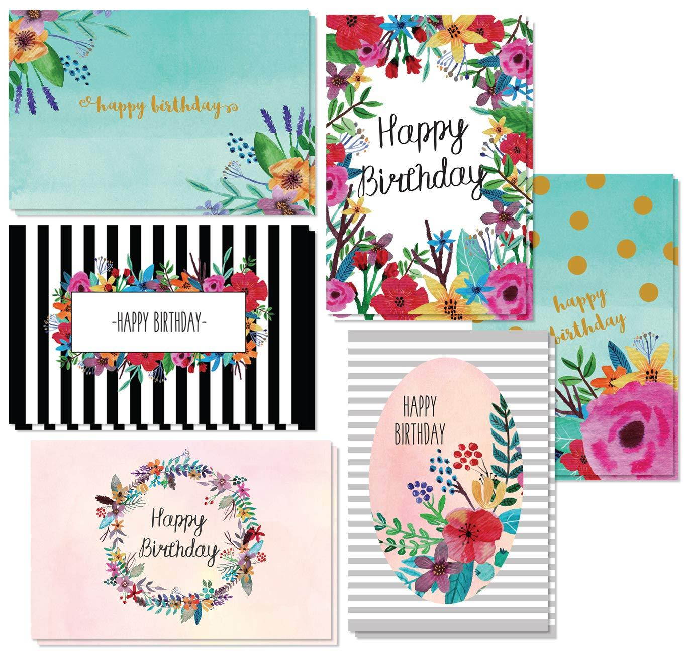 Juvale Birthday Card - 48-Pack Birthday Cards Box Set, Happy Birthday Cards - 6 Unique Floral Designs Birthday Card Bulk, Envelopes Included, 4 x 6 Inches