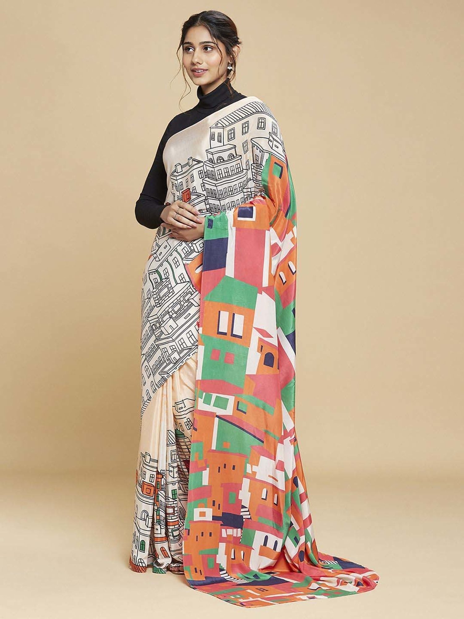 navyasa by liva Peach Printed Saree With Unstitched Blouse