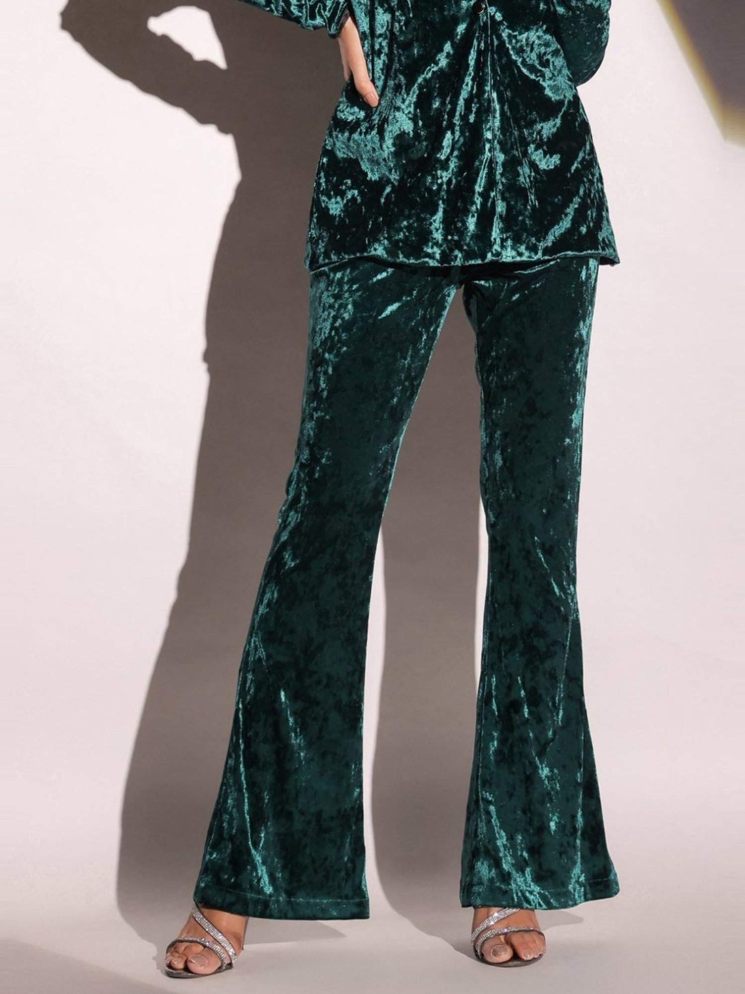 BInfinite Emerald Green Showtime Velvet Flared Trousers