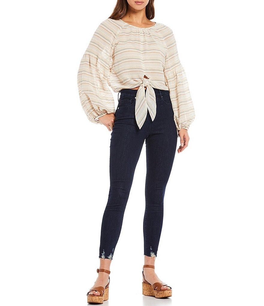 Gianni Bini Woven Serena Long Sleeve Striped Tie Detail Blouse