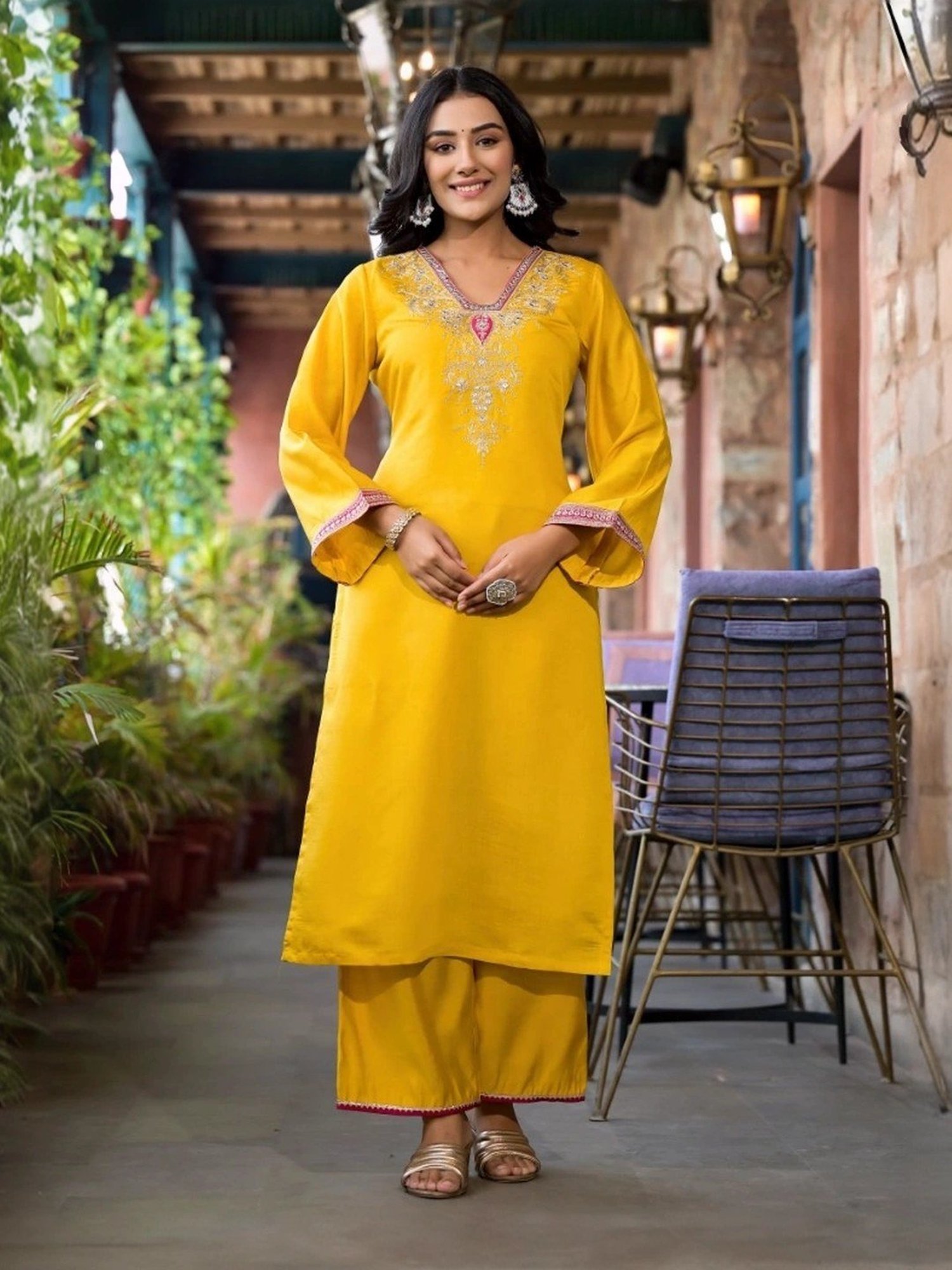 Juniper Yellow Embroidered Kurta Pant Set With Dupatta