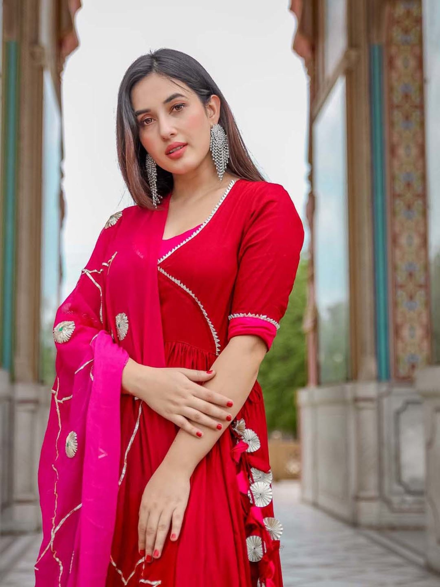AACHHO Red Kurta Palazzo Set With Dupatta