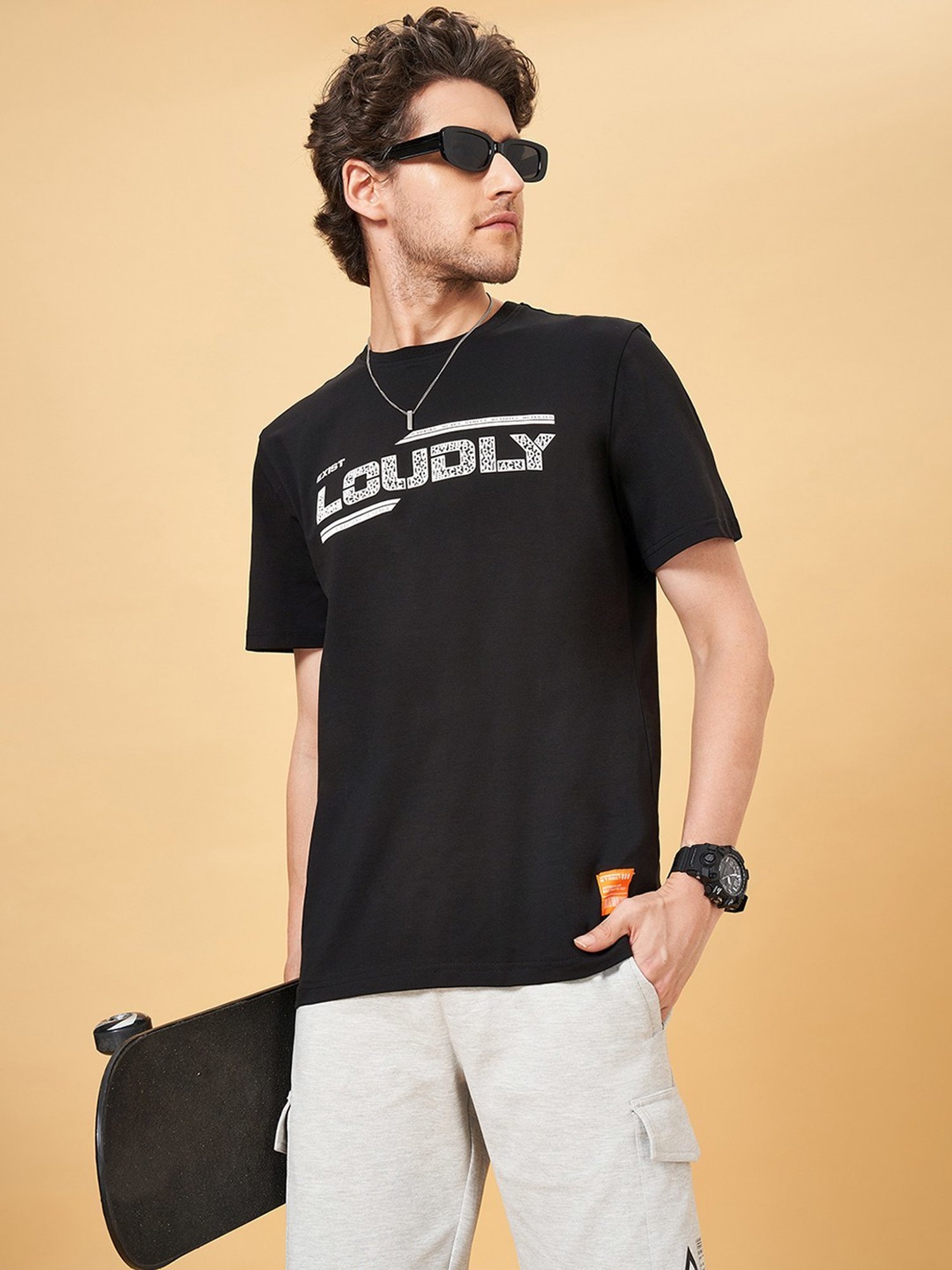 Street 808 by Pantaloons Jet Black Regular Fit Printed T-Shirt