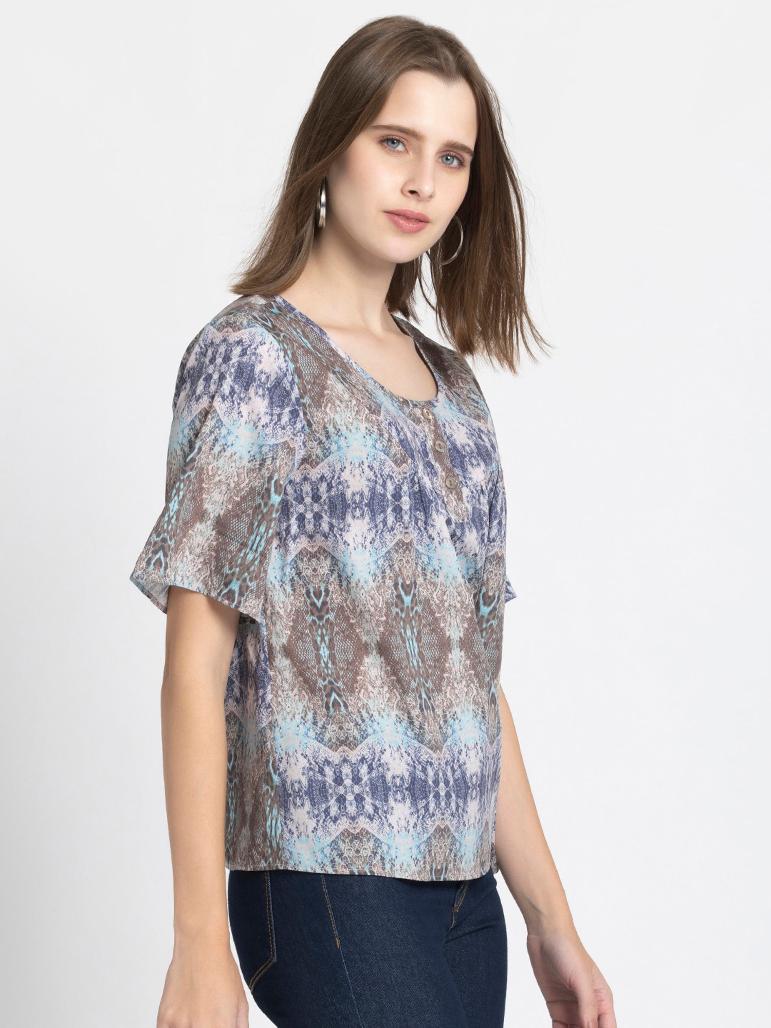 SHAYE Grey & Blue Printed Top