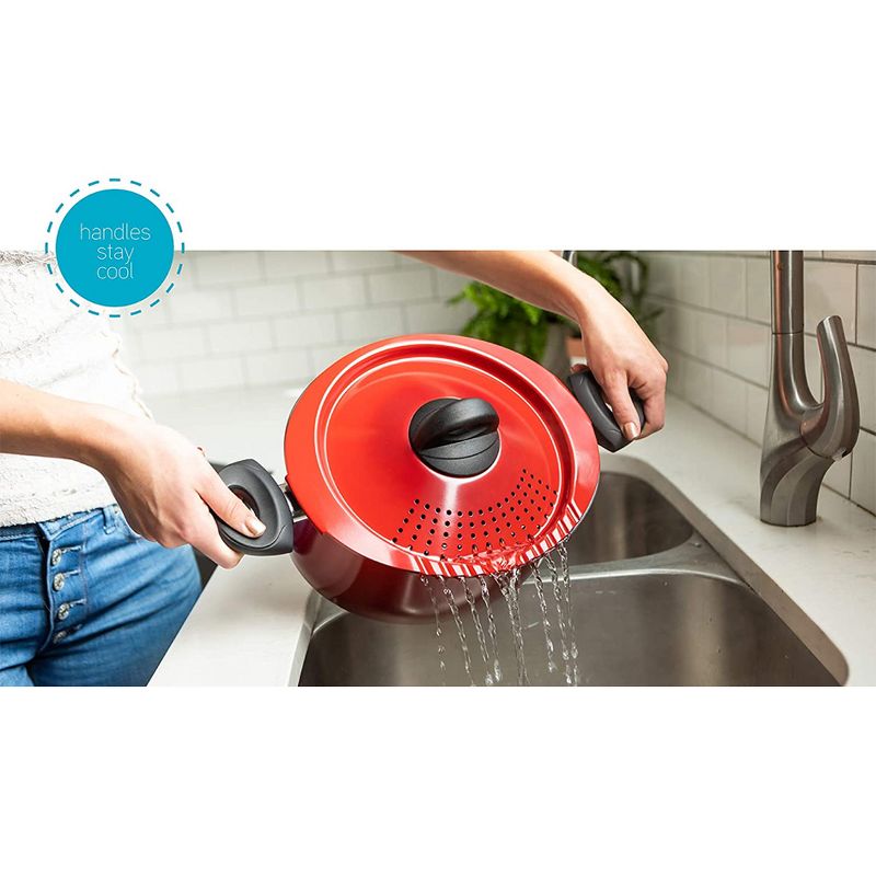 Bialetti 7550 2 In 1 Nonstick Aluminum 5 Quart Oval Shaped Kitchen Pasta Pot with Lockable Strainer Lid and Heat Resistant Handles, Red