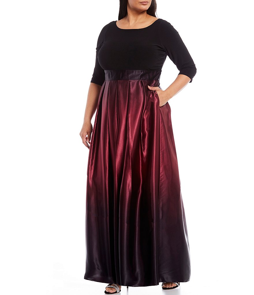 Ignite Evenings Plus Size 3/4 Sleeve Ribbon Belted Detail Ombre Satin Ball Gown
